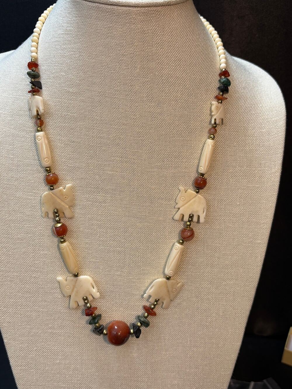Carved Bone in shape of Elephant Necklace with Stone Beads & Brass Accents